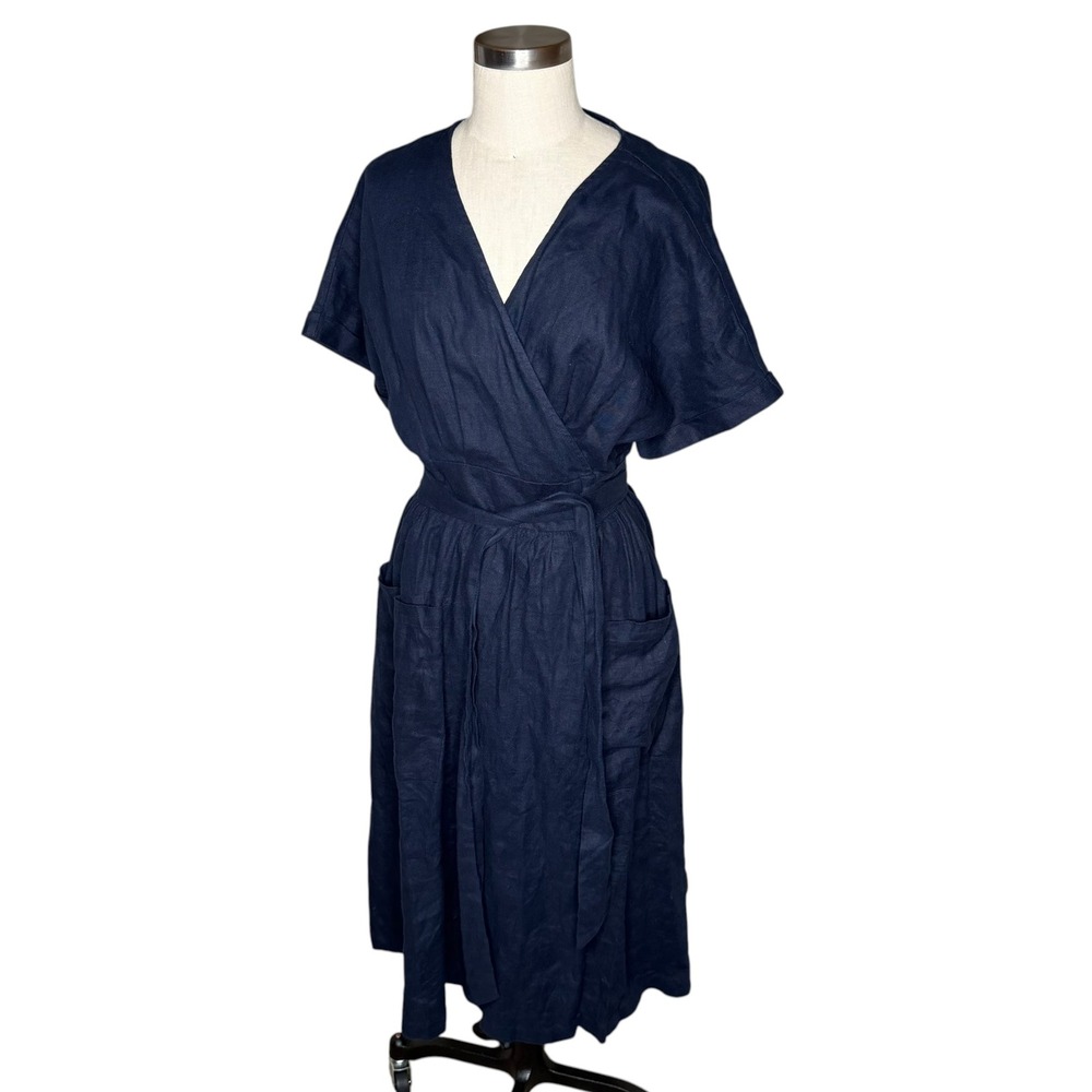 GRAE COVE Wrap Dress Navy Blue Linen Short Sleeve Women's Size Large NWT Boho